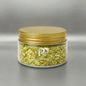 جار پلاستیکی 100 سی سی دهانه 70 شفاف با درب فلزی طلایی، مناسب بسته‌بندی زعفران و ادویه‌های ارزشمند