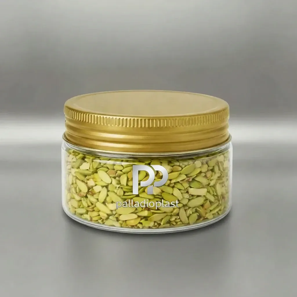 جار پلاستیکی 100 سی سی دهانه 70 با درب طلایی | Palladioplast جار پلاستیکی 100 سی سی دهانه 70 شفاف با درب فلزی طلایی، مناسب بستهبندی زعفران و ادویههای ارزشمند