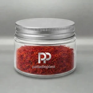 جار پلاستیکی 150 سی سی دهانه 70 شفاف با درب فلزی نقره‌ای، مناسب بسته‌بندی زعفران، ادویه و محصولات خشک