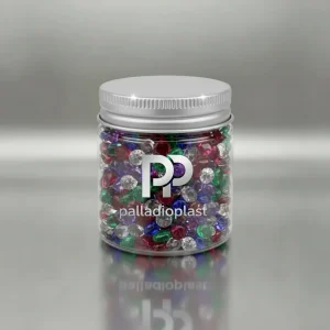 جار پلاستیکی 250 سی سی دهانه 70 شفاف با درب فلزی نقره‌ای، مناسب بسته‌بندی کرم، ژل، انواع عسل تک‌نفره و محصولات آرایشی و بهداشتی.