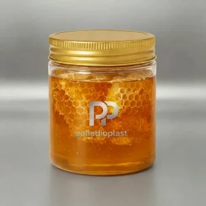 جار پلاستیکی 350 سی سی دهانه 70 شفاف با درب فلزی طلایی، مناسب بسته‌بندی زعفران، ادویه و محصولات خشک