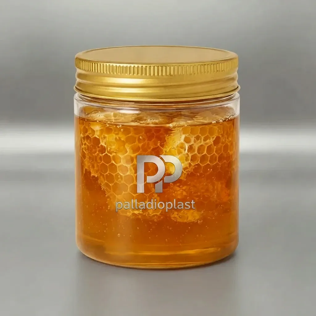 جار پلاستیکی 350 سی سی دهانه 70 با درب طلایی | پلادیو پلاست جار پلاستیکی 350 سی سی دهانه 70 شفاف با درب فلزی طلایی، مناسب بستهبندی زعفران، ادویه و محصولات خشک