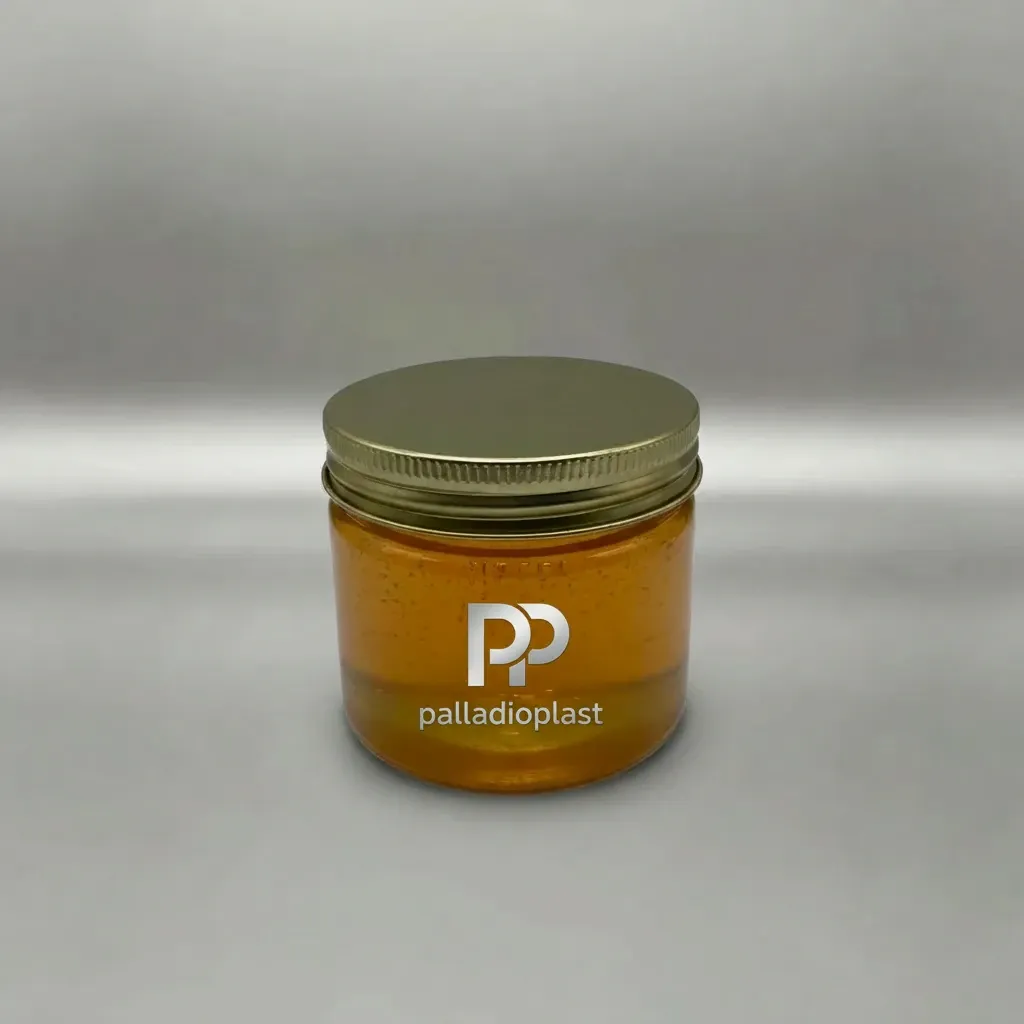 جار پلاستیکی دهانه 88 مناسب عسل و مربا - پلادیو پلاست جار پلاستیکی 350 سی سی دهانه 88 شفاف حاوی عسل با درب فلزی طلایی
